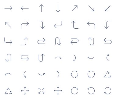 Vektör simgeleri 42 ok simgesi içeriyor. İzole edilmiş ok imleci koleksiyonu. Basit modern resim şekli - ince çizgi.