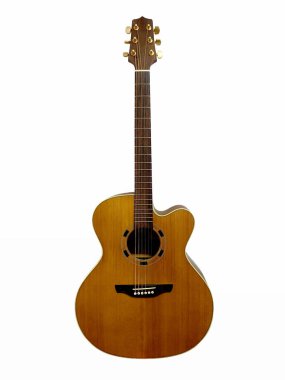 Akustik gitarın dikey konumu beyaz arkaplanda izole edildi