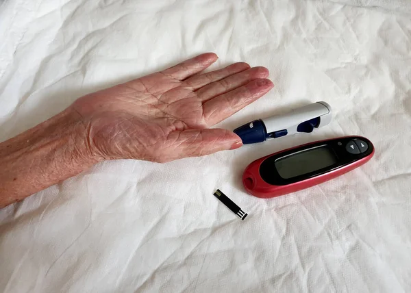 Passo Preparar Para Verificar Açúcar Sangue Pelo Kit Teste Glicose — Fotografia de Stock