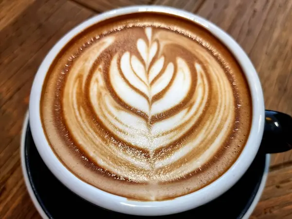Café Tienda Lateral Primer Plano Latte Caliente Arte Café Fondo —  Fotos de Stock