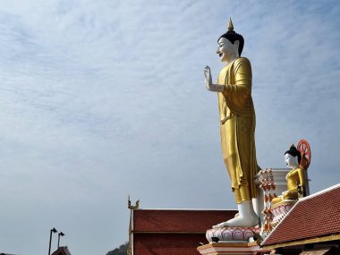 Wat Phra 'nın mavi gökyüzü arka planında kutsanmış bir bulutun üzerindeki büyük Buda görüntüsü Doi Kham, Chiang Mai, Tayland.