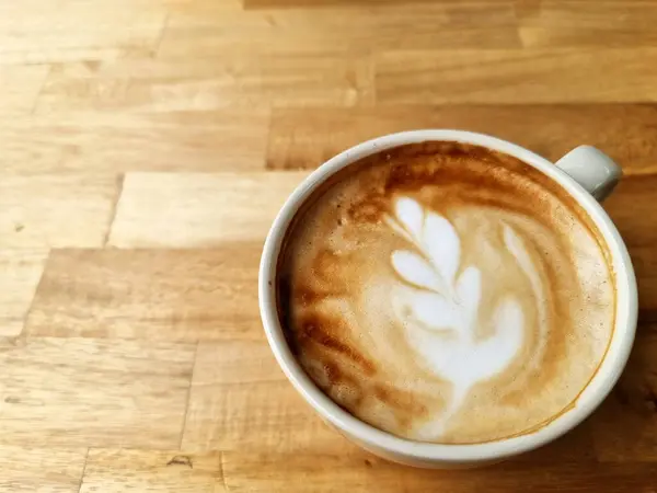 Sideway Shop Coffee Cup Hot Latte Art Coffee Wood Background — Stok Foto