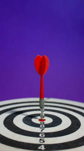 Dart oynamak için tahta. Spor malzemeleri. Siyah-beyaz bir alan çizdim, sayılarla dolu yuvarlak bir zebra gibi. Dart oyunu için kırmızı tüylü bir dart hedefi vurur. Tam ortasından. Zafer.