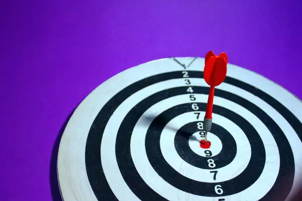 Dart oynamak için tahta. Spor malzemeleri. Siyah-beyaz bir alan çizdim, sayılarla dolu yuvarlak bir zebra gibi. Dart oyunu için kırmızı tüylü bir dart hedefi vurur. Tam ortasından. Zafer.