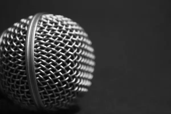 Konser mikrofonu, metal şebeke, konserler için dinamik mikrofon, şarkıcılar, sunucular. Haberler, performanslar, stand-up, müzik, yaratıcılık. Siyah beyaz arka plan. Yakın plan.
