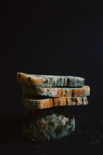 Küflü beyaz ekmek parçaları. Bozuk ekmek. Çöpte yemek var. Ürün işleme. Yararlanma. Koyu bir arka planda ekmek. Yemek kulesi.