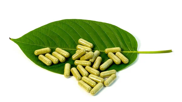 Fresh Green Kratom Leaves Natural Herbal Medicine Powder Capsules Isolated — Stock Photo, Image