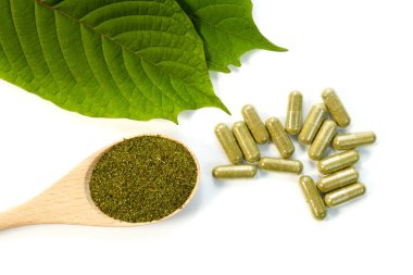 Mitragyna Specosa (kratom) kapsüllerdeki tıbbi ürünlerle ve tahta bardaktaki ahşap desenli tozla birlikte arka planda kalır.