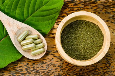 Mitragyna Specosa (kratom) kapsüllerdeki tıbbi ürünlerle ve tahta bardaktaki ahşap desenli tozla ayrılır.