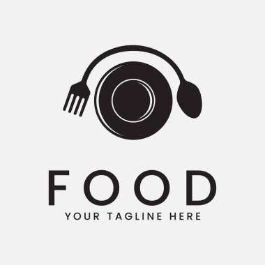 Restoran yemek logosu. Tabak, kaşık ve çatal vektör çizimi ile ilham verici.
