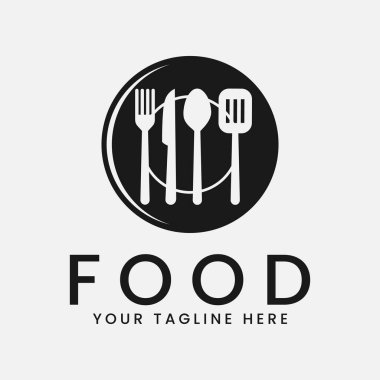 Restoran yemeği logosu spatula, kaşık, çatal, tabak ve bıçak vektör illüstrasyonuyla ilham kaynağı 