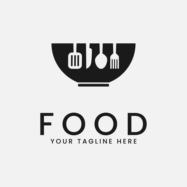 Restoran gıda logosu şablon dizaynı. spatula, kâseler, bıçak, kaşık ve çatal vektör illüstrasyonu