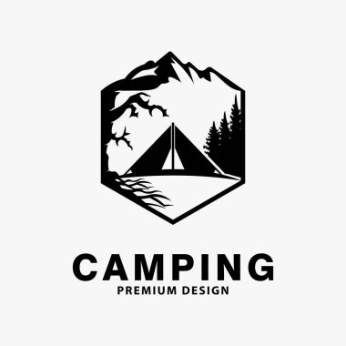 kamp logosu tasarımı dağ ve ağaç vektörü illüstrasyonu ile ilham kaynağı
