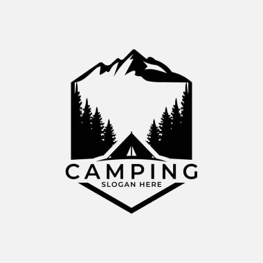 kamp logosu tasarımı çadır, orman ve dağ vektörü illüstrasyonu ile ilham kaynağı