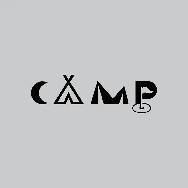 Kamp logosu tasarımı Ay, çadır ve bayrak vektör illüstrasyonu ile ilham kaynağı