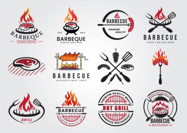 Tütsülenmiş barbekü, ızgara, logo vektör illüstrasyon tasarımını ayarla