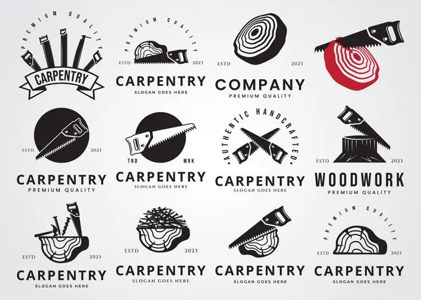Marangozluk silueti sembol ikon vektörünü ayarlayın. Woodworking retro vintage logo vektör illüstrasyon tasarımı