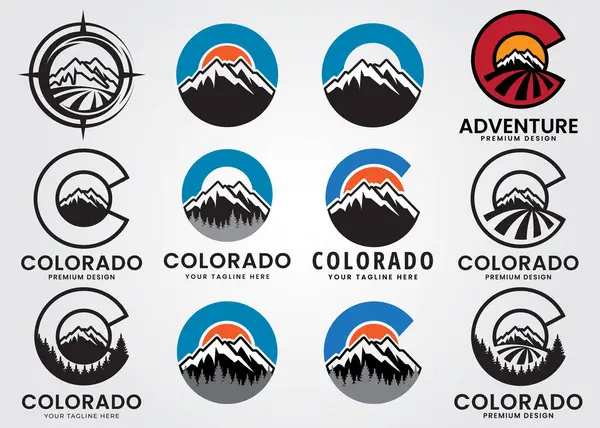 Demet colorado logo tasarımını dağ, orman ve bulut vektör resimlemesi ile ayarla