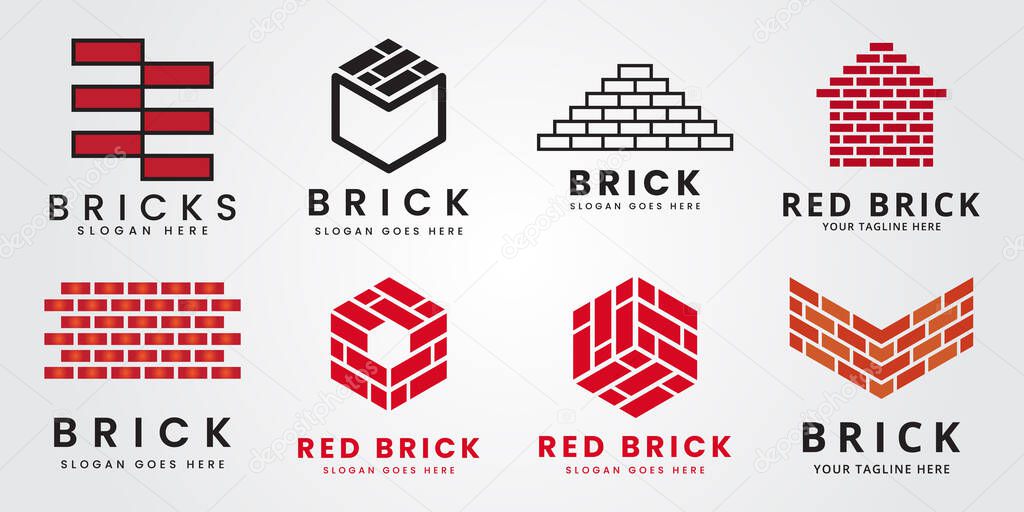Set bundle red brick, pile and stack balance bricks logo vector illustration design template product