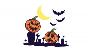 Animasyon Mezarlığı Jack-O 'Lanternler ve Yarasa Cadılar Bayramı. Ürkütücü Cadılar Bayramı İllüstrasyonu