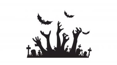 Yarasa ve mezar silueti olan animasyon zombi elleri. Ürkütücü Cadılar Bayramı İllüstrasyonu