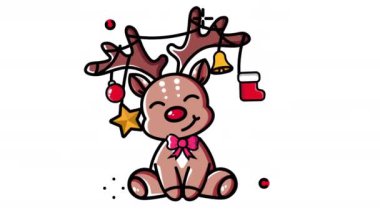 Geyik animasyonu simgesi. Şeffaf arkaplanda alfa kanalı olan kusursuz döngü videosu. Noel temalı hareketli grafik animasyonu