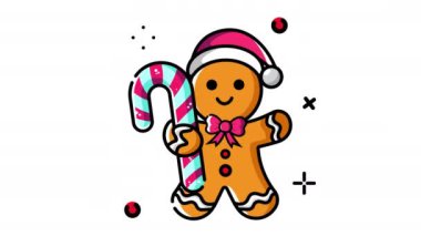 Şekerli ikonlu zencefilli çörek. Şeffaf arkaplanda alfa kanalı olan kusursuz döngü videosu. Noel temalı hareketli grafik animasyonu