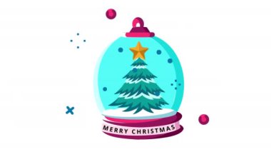 Çam ağacı animasyonlu Noel küresi. Şeffaf arkaplanda alfa kanalı olan kusursuz döngü videosu. Noel temalı hareketli grafik animasyonu
