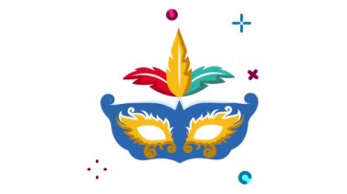 Purim maskeli animasyon ikonu. Şeffaf arkaplanda alfa kanalı olan kusursuz döngü videosu. Mutlu yıllar temalı hareketli grafik animasyonu