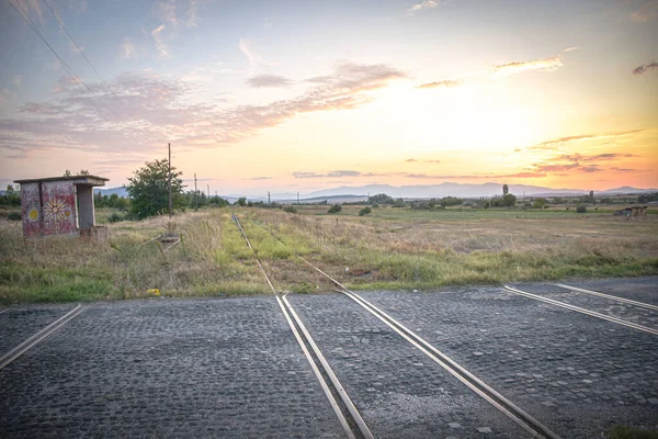 Verlaat Spoorlijn Treinstation Bij Zonsondergang Bij Nikole Macedonië — Stockfoto