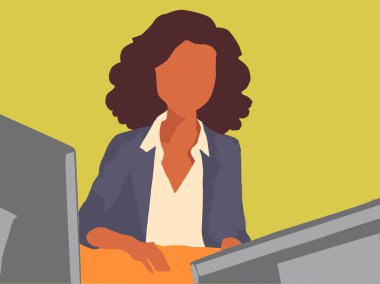Ofis ortamında kıvırcık saçlı bir kadının minimalist ve modern çizimi. Mavi bir ceket ve beyaz bir bluz giyiyor, iki monitörün önünde oturuyor, profesyonellik ve verimliliğin görüntüsünü aktarıyor.. 