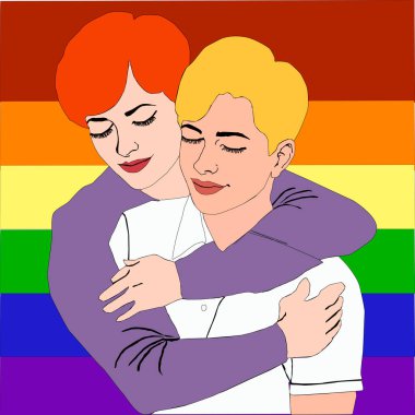 İki insanın gözleri kapalı kucaklaşmasının şefkatli bir göstergesi. Sevgi, barış ve bağlantı iletiyorlar. Arkaplanda LGBTQ + bayrağının renkleri yer almaktadır.