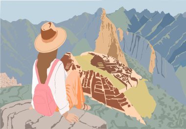 Modern dünyanın yedi harikasından biri olan Machu Picchu 'nun ihtişamını düşünen bir gezginin tasviri. Peru 'daki macera ve turizmin özünü yansıtıyor..