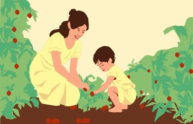 En klida ilustracin, una madre y su hijo comparten un instante de conexin profunda mientras cultivan juntos en el huerto. Ambos, vestidos de amarillo, reflejan alegra, ternura y compcidad en una actividad sencilla pero significativa