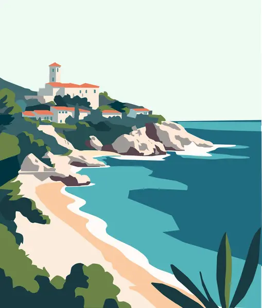 Büyüleyici bir Akdeniz kıyısı köyünün canlı minimalist bir çizimi. Kırmızı çatıları olan beyaz evler yemyeşil yemyeşil, altın plajlar ve turkuaz sular arasında yer alır. seyahat ilham kaynağı.