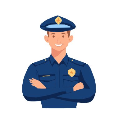 Mavi üniformalı ve şapkalı gülümseyen bir polis memurunun kolları çapraz pozu. Çizgi film tarzı, beyaz arkaplan. Güvenlik, hukuk, koruma veya kamu hizmetleri konuları için ideal.