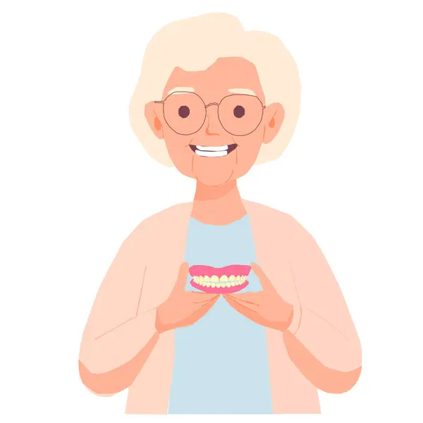 Gri saçlı ve gözlüklü, takma dişleri iki eliyle tutarken gülümseyen yaşlı bir kadının vektör çizimi. Görüntü bir sağlık ve diş sağlığı duygusu taşır..