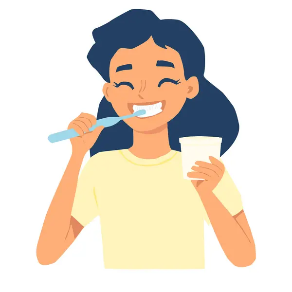 Mavi bir diş fırçasıyla dişlerini fırçalayan ve elinde beyaz bir arka plan olan mutlu bir kadının vektör çizimi..