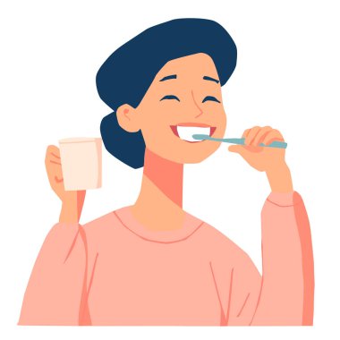 Gülümseyen bir kadının, dişlerini mavi bir diş fırçasıyla fırçaladığı ve beyaz arka planda pembe bir kazak giyen bir bardağı tuttuğu vektör çizimi..