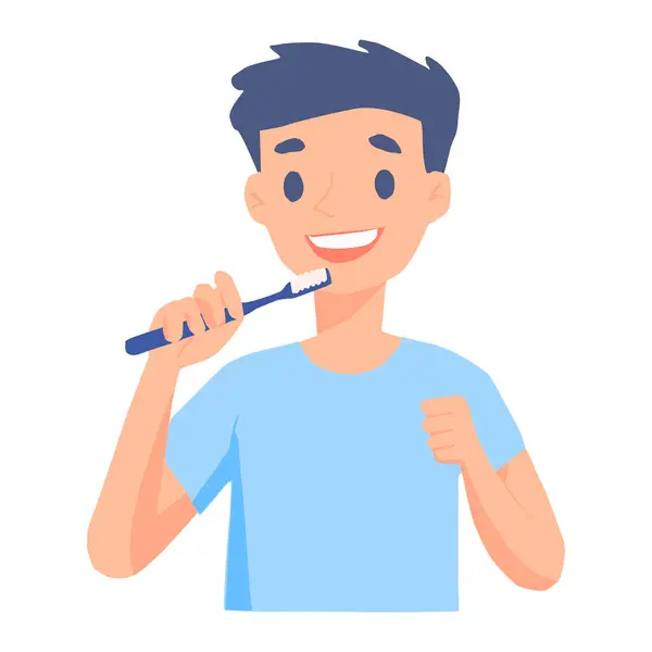 Dişlerini lacivert bir diş fırçasıyla fırçalayan, gülümseyen ve beyaz bir arka planda açık mavi tişört giyen genç bir adamın vektör çizimi..