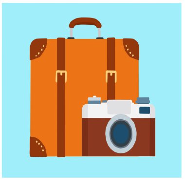 Seyahat ve fotoğrafçılığı temsil eden klasik bir bavul ve kamera taşıyıcısı.