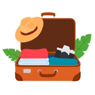 Vektör tatil konsepti, bavul kıyafet, şapka ve kamerayla seyahat için hazır..