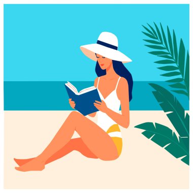 Plajda dinlenirken kitap okuyan genç bir kadının vektör çizimi. Sahne, canlı renklerde, arka planda palmiye ağaçları, berrak gökyüzü ve turkuaz deniz içeren yazlık bir atmosferi tasvir ediyor..