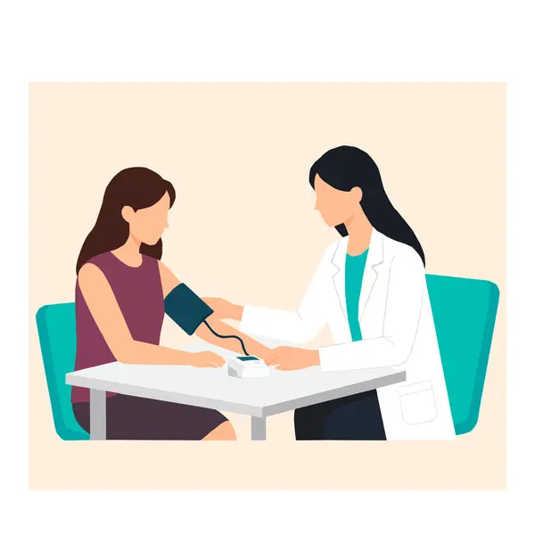 Profesyonel ve sakin bir ortamda, doktorun muayenehanesinde oturan bir hastanın kan basıncını ölçen bir kadın doktorun vektör çizimi.