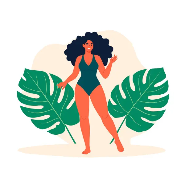 Tropikal yapraklı mayolu mutlu bir kadının arka planının vektör çizimi.