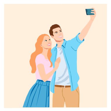 Cep telefonlarıyla selfie çeken, gülümseyen ve arka planda eğlenen genç bir çiftin vektör çizimi..