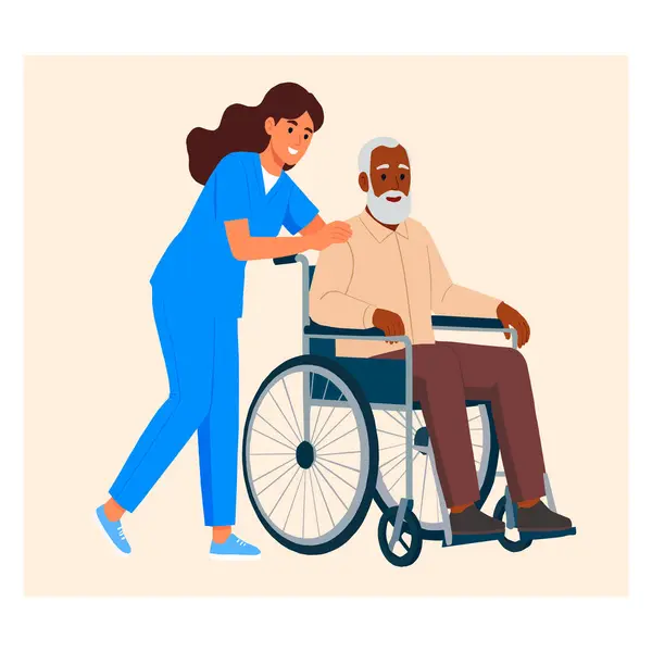 Tekerlekli sandalyedeki yaşlı Afrikalı Amerikalı bir adamla ilgilenen bir hemşirenin vektör çizimi..