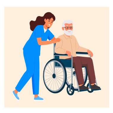 Tekerlekli sandalyedeki yaşlı bir adamla ilgilenen bir hemşirenin vektör çizimi.