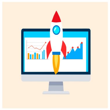 Vektör illüstrasyonu: Bir başlangıç fırlatması bir bilgisayar ekranının üzerinde yükselir.