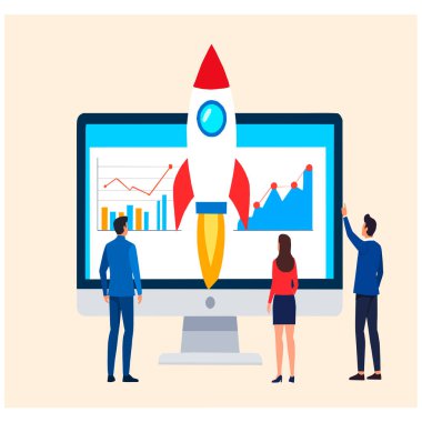 Ekrandaki grafikler önünde fırlatılan bir roketin vektör illüstrasyonu, iş büyümesini, başarıyı ve proje gelişimini temsil ediyor. İş ve pazarlama kavramları için ideal.